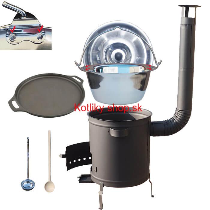 Nerezový kotlík 20 L (0,8 mm) zosilnený s nitmi + Liatinová panvica 43 cm + hrubostenná (1,5 mm) a žiaruvzdorná kotlina 42 PLUS 600