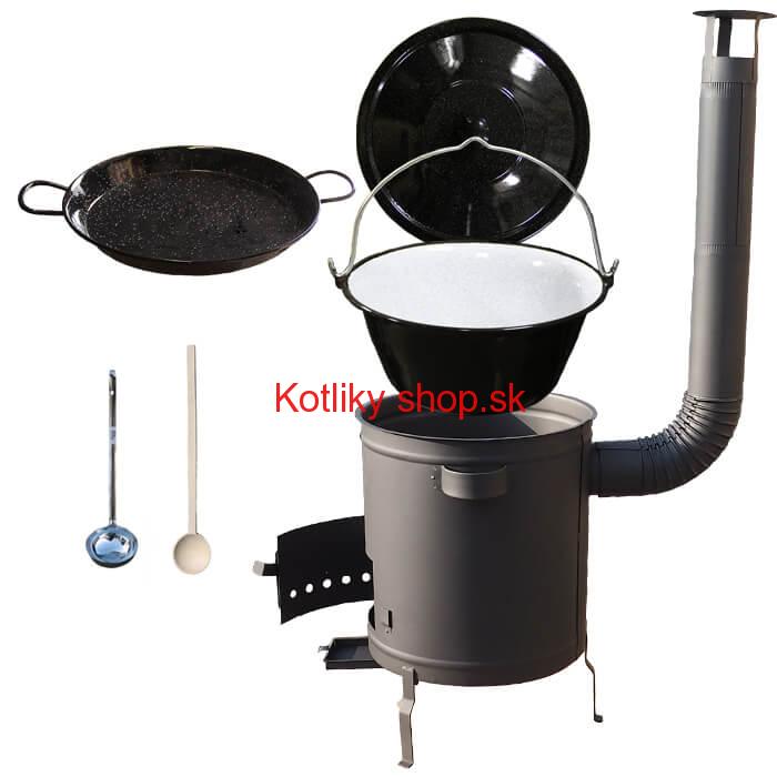 Smaltovaný kotlík 13 L (1,2 mm) + Paella panvica 38 cm + hrubostenná (1,5 mm) žiaruvzdorná kotlina (1,5 mm) 36 PLUS 600