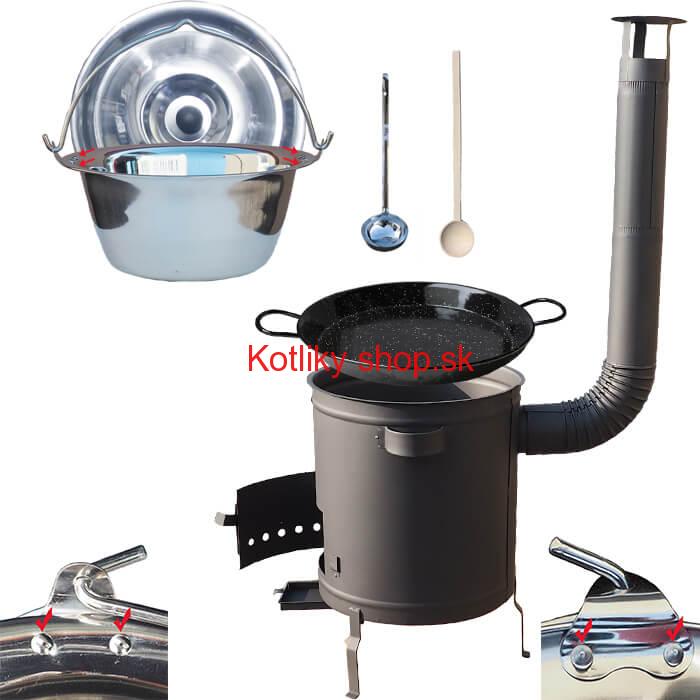 Nerezový kotlík 15 L (0,8 mm) zosilnený s nitmi + Paella panvica 38 cm + hrubostenná (1,5 mm) žiaruvzdorná kotlina 36 PLUS 600