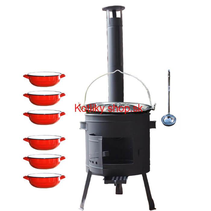 Smaltovaný kotlík 25 L + selské misky 6 ks + nízka žiaruvzdorná kotlina 42 cm PLUS 600