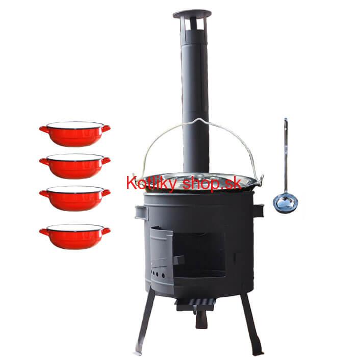 Smaltovaný kotlík 20 L + selské misky 4 ks + nízka žiaruvzdorná kotlina 42 cm PLUS 600