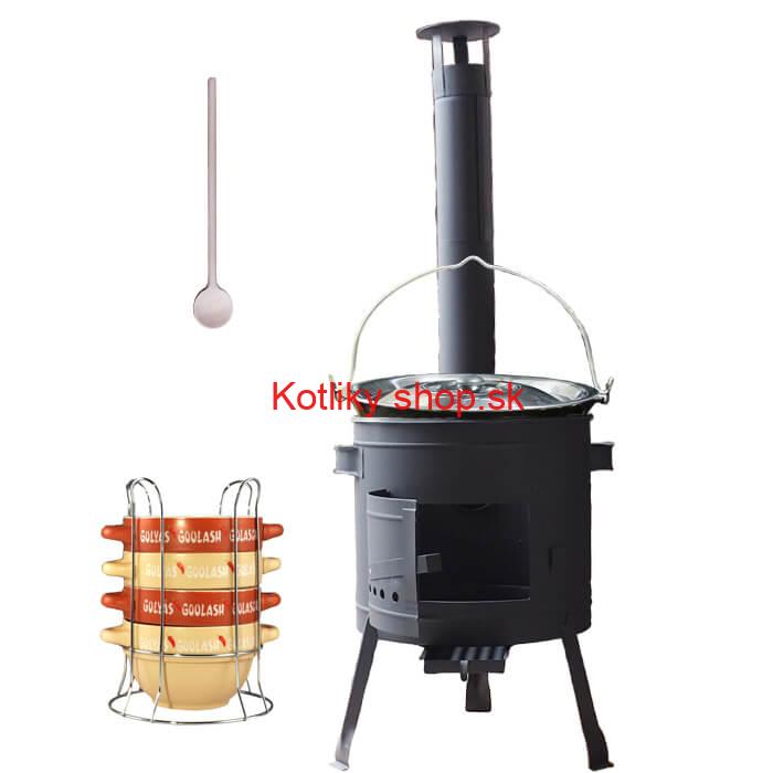 Smaltovaný kotlík 25 L (1,2 mm) + misky na guláš 4 ks + nízka žiaruvzdorná kotlina 42 PLUS 600