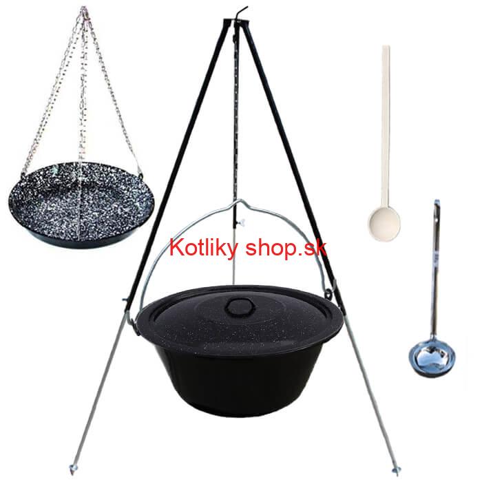 Smaltovaný kotlík 30 L + panvica na grilovanie + teleskopická trojnožka
