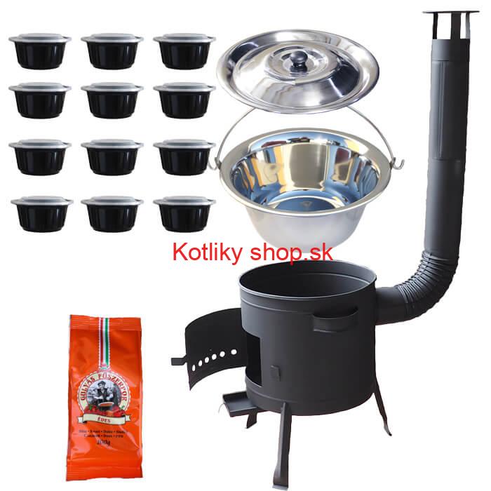Nerezový kotlík 22 L (0,8 mm) + korenie na guláš 100 g + misky 12 ks + nízka žiaruvzdorná kotlina (0,8 mm) 42 PLUS 600