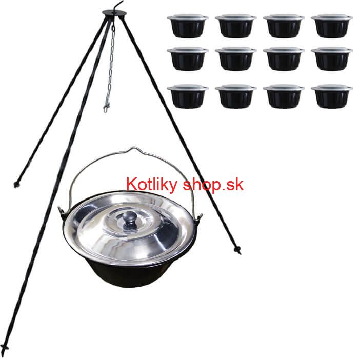 Smaltovaný kotlík 13 L + pokrievka + stojan + misky 12 ks