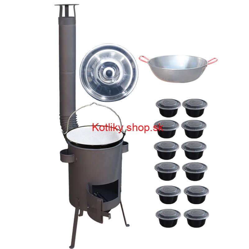 Smaltovaný kotlík 22 L + Panvica PAELLA (WOK) 45 cm + misky 12 ks + žiaruvzdorná kotlina 42 PLUS 600 s roštom na popol 4 mm