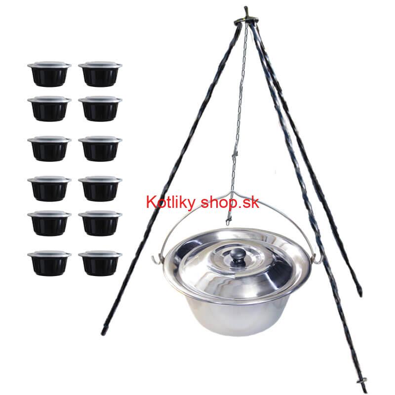 Nerezový kotlík 10 L (0,8 mm) + antikorová pokrievka + stojan + misky 12 ks