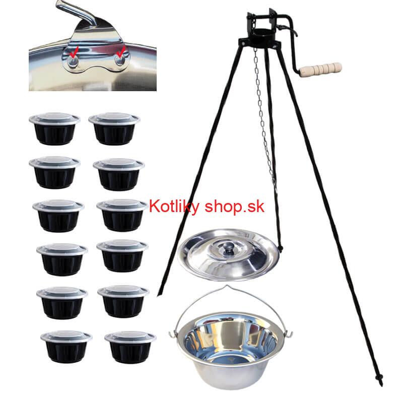 Antikorový kotlík 15 L (0,8 mm) s nitmi + stojan s kladkou VAR + misky 12 ks