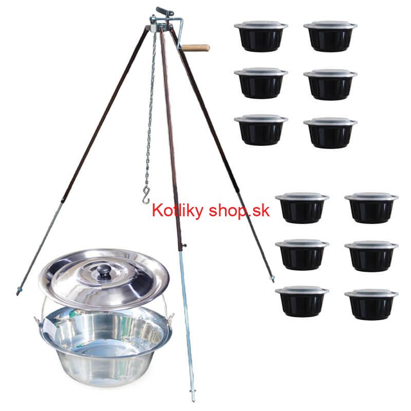 Antikorový kotlík 20 L (1,2 mm) + teleskopická trojnožka s poistnou kladkou + misky 12 ks