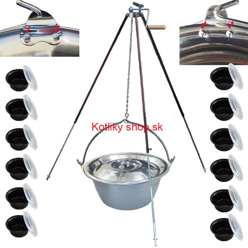 Antikorový kotlík 30 L (0,8 mm) s nitmi + teleskopická trojnožka s poistnou kladkou + misky 12 ks