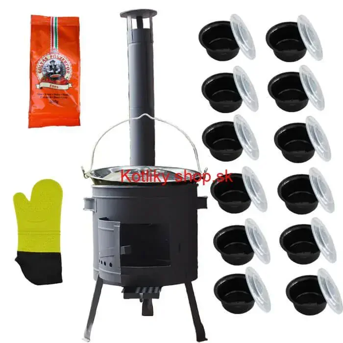 Smaltovaný kotlík 22 L (1,2 mm) + misky 12 ks + nízka žiaruvzdorná kotlina (0,8 mm) 42 PLUS 600