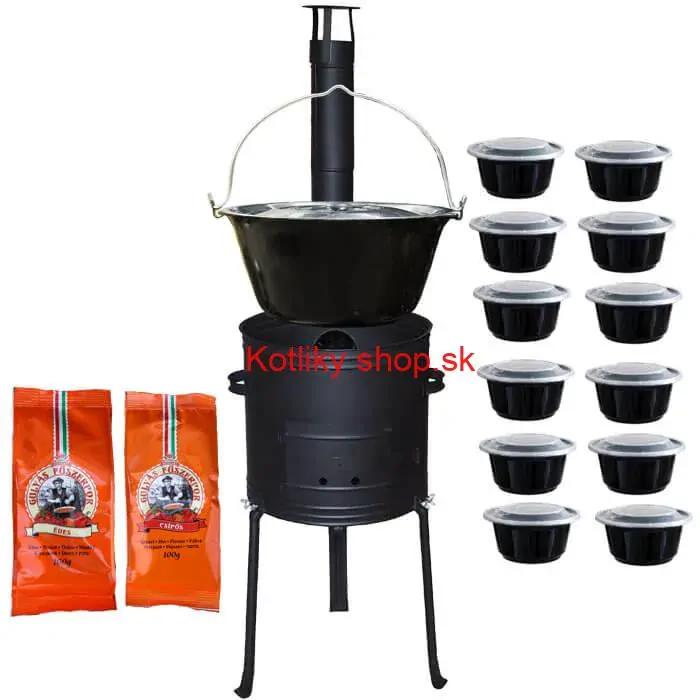 Smaltovaný kotlík 22 L (1,2 mm) + žiaruvzdorná kotlina 42 cm Plus 700 + misky 12 ks + 2 x korenie na guláš 100 g