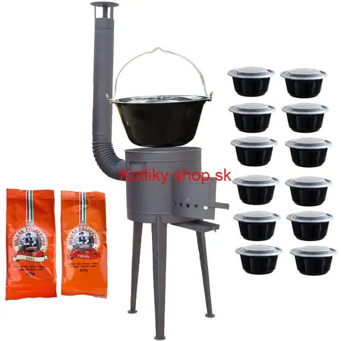 Smaltovaný kotlík 22 L (1,2 mm) + vysoká žiaruvzdorná kotlina (1,5 mm) HODO 42 cm PLUS 600 + misky 12 ks + 2 x korenie na guláš 100 g