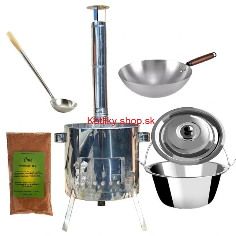 Nerezový kotlík 10 L (0,8 mm) + nerezová kotlina 31 INOX LUSTRO + Wok + korenie 50 g