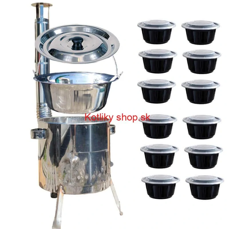 Nerezový kotlík 14 L (0,8 mm) INOX + Nerezová kotlina 36 INOX LUSTRO + misky 12 ks