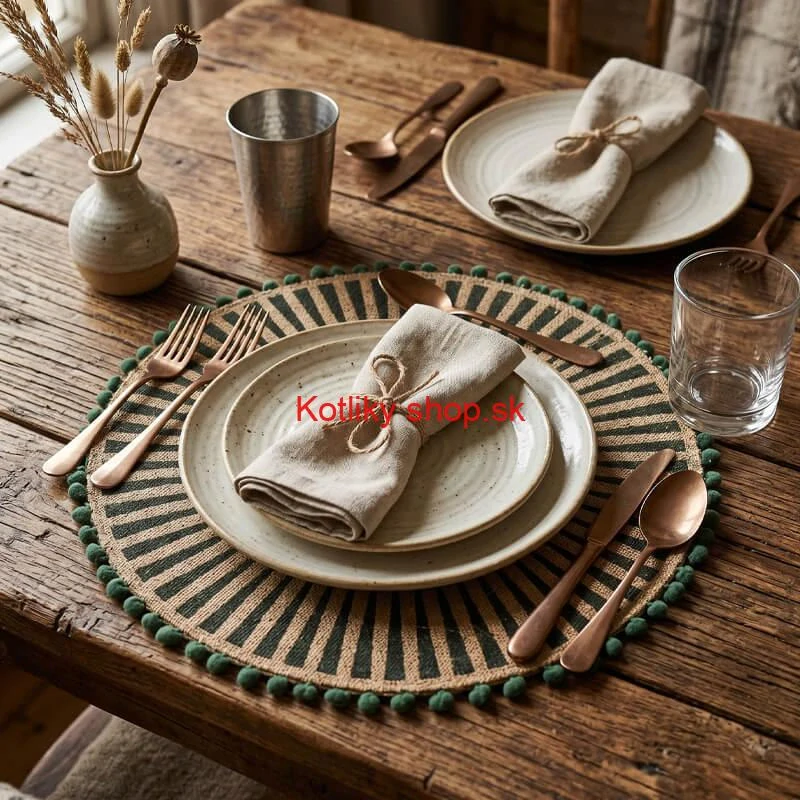Okrúhla jutová podložka pod tanier zelená s pompónmi 37 cm
