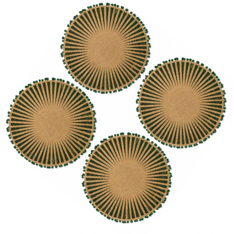 Okrúhle jutové podložky pod tanier zelené s pompónmi 37 cm, 4 ks