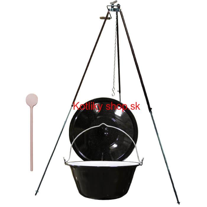 Smaltovaný kotlík 25 L (1,2 mm) + teleskopická trojnožka s poistnou kladkou + pokrievka