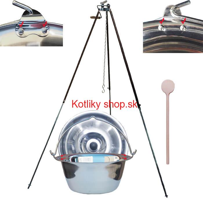 Antikorový kotlík 15 L (0,8 mm) s nitmi + teleskopická trojnožka s poistnou kladkou + pokrievka