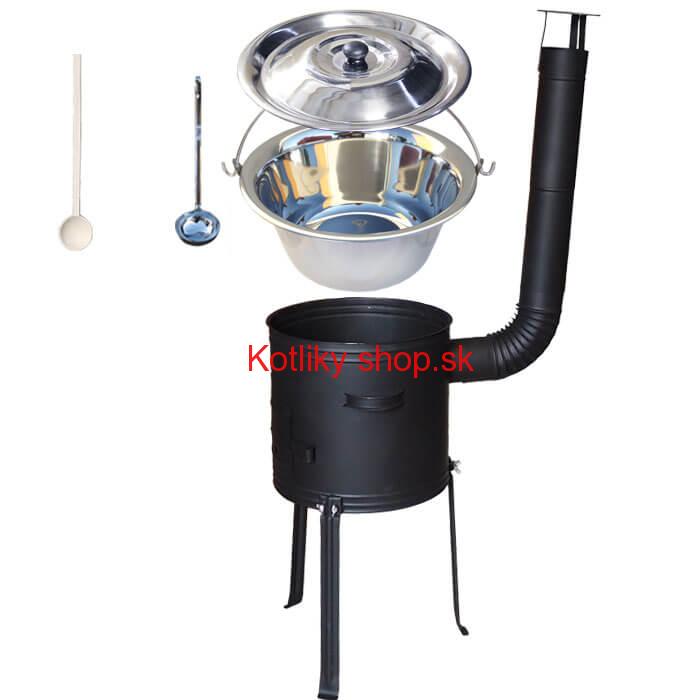 Antikorový kotlík 14 L (0,8 mm) + kovová kotlina s vysokými nožičkami 36 cm + vareška a naberačka