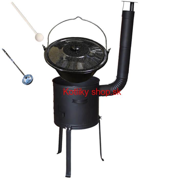 Smaltovaný kotlík 25 L + kovová kotlina s vysokými nožičkami 42 cm, žiaruvzdorná farba Plus 700 + vareška a naberačka