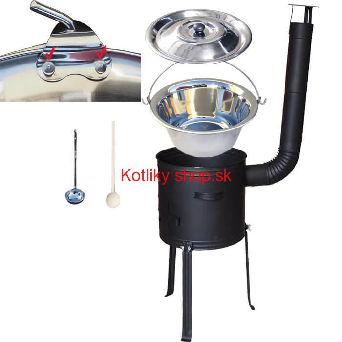 Antikorový kotlík 20 L (0,8 mm) zosilnený s nitmi + kovová kotlina s vysokými nožičkami 42, žiaruvzdorná farba Plus 700 + vareška a naberačka