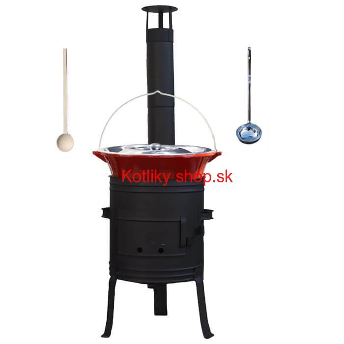 Liatinový kotlík 10 L so smaltovanou úpravou + nízka žiaruvzdorná kotlina 33 cm PLUS 700 + vareška a naberačka