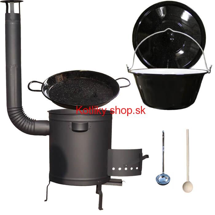 Smaltovaný kotlík 13 L (1,2 mm) + Paella panvica 38 cm + hrubostenná (1,5 mm) žiaruvzdorná kotlina (1,5 mm) 36 PLUS 600
