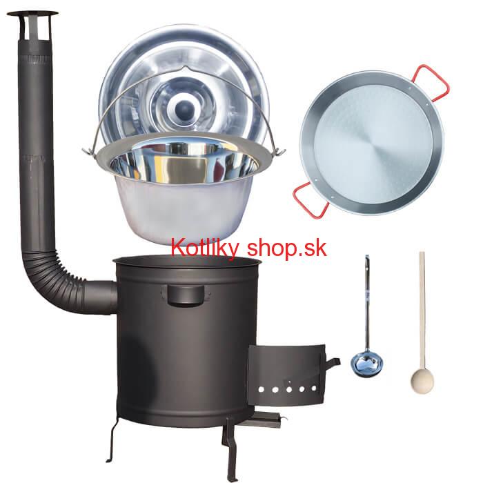 Nerezový kotlík 14 L (0,8 mm) + Paella panvica 38 cm + hrubostenná (1,5 mm) žiaruvzdorná kotlina (1,5 mm) 36 PLUS 600