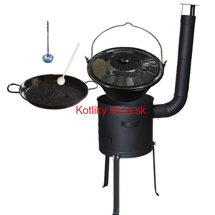Smaltovaný kotlík 20 L + Paella panvica 46 cm + kovová kotlina s vysokými nožičkami 42 cm, žiaruvzdorná farba Plus 700