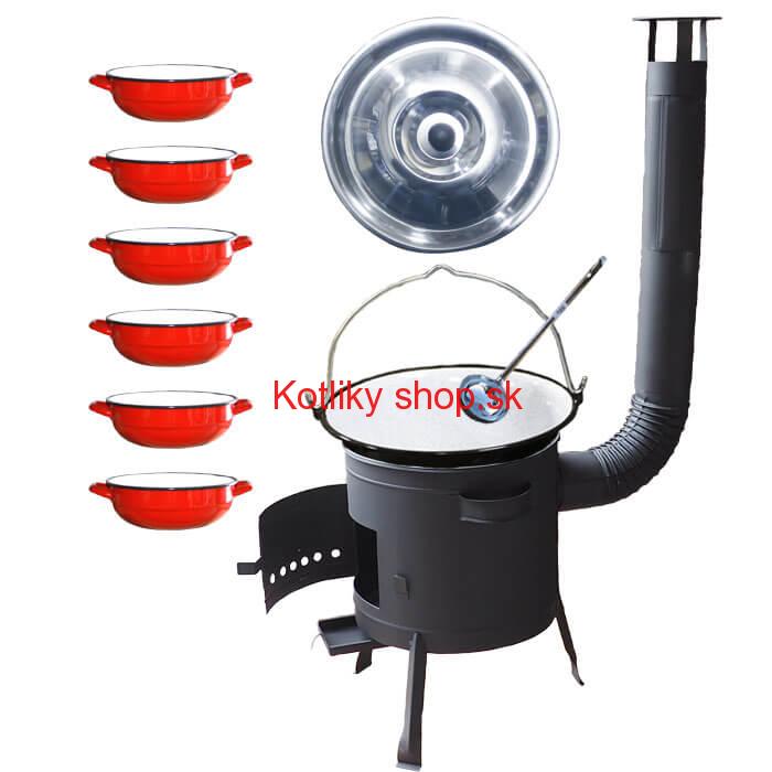 Smaltovaný kotlík 25 L + selské misky 6 ks + nízka žiaruvzdorná kotlina 42 cm PLUS 600