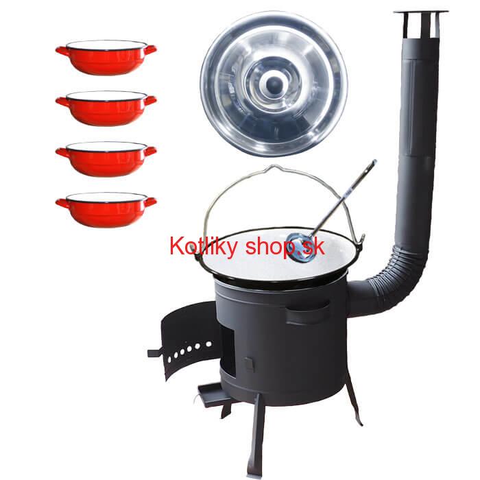 Smaltovaný kotlík 20 L + selské misky 4 ks + nízka žiaruvzdorná kotlina 42 cm PLUS 600
