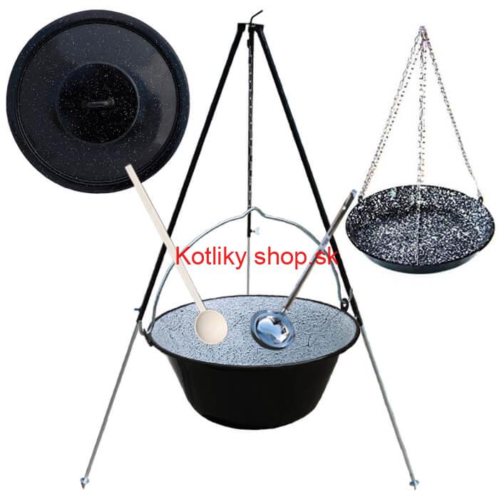 Smaltovaný kotlík 30 L + panvica na grilovanie + teleskopická trojnožka