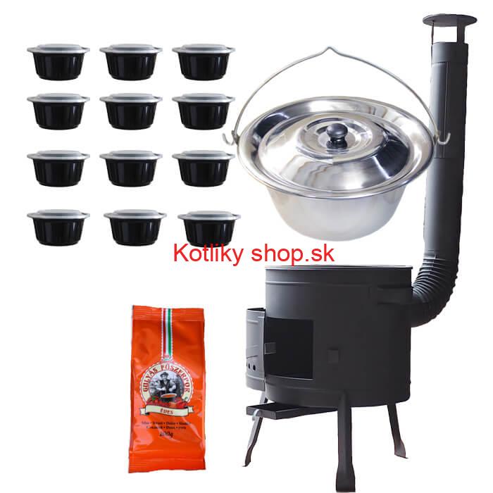 Nerezový kotlík 22 L (0,8 mm) + korenie na guláš 100 g + misky 12 ks + nízka žiaruvzdorná kotlina (0,8 mm) 42 PLUS 600