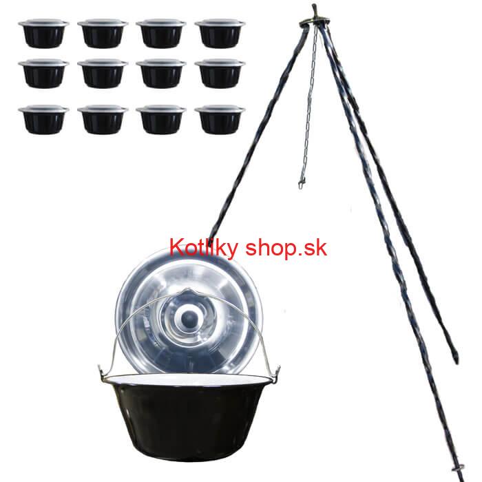Smaltovaný kotlík 10 L + pokrievka + stojan + misky 12 ks