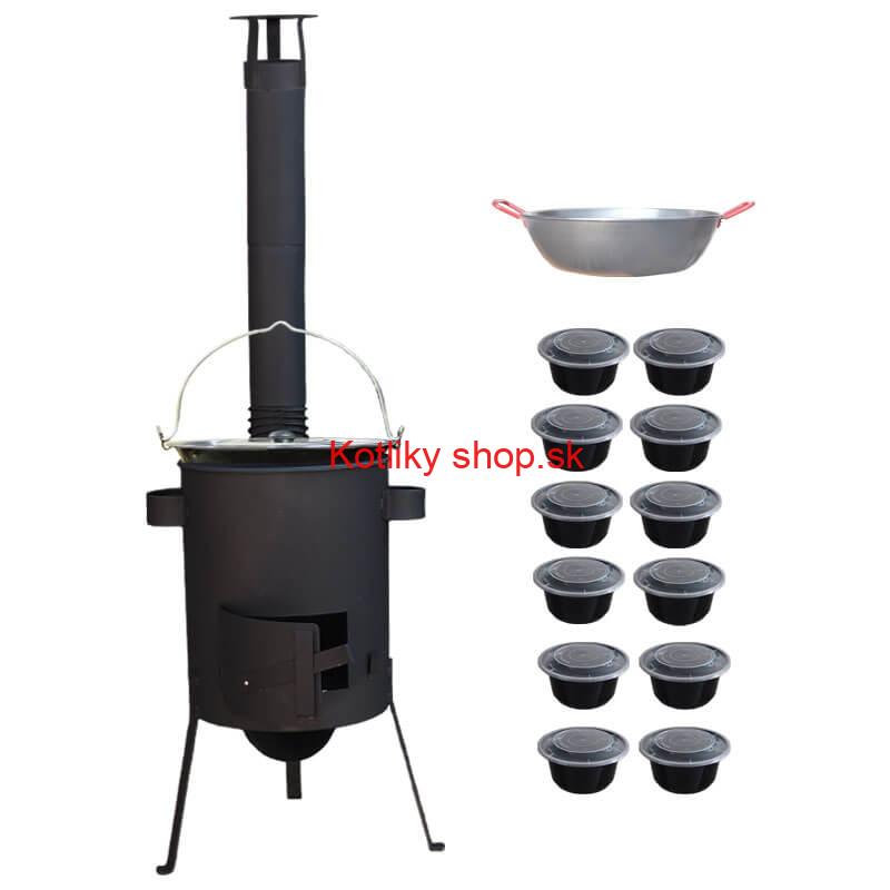 Smaltovaný kotlík 22 L + Panvica PAELLA (WOK) 45 cm + misky 12 ks + žiaruvzdorná kotlina 42 PLUS 600 s roštom na popol 4 mm