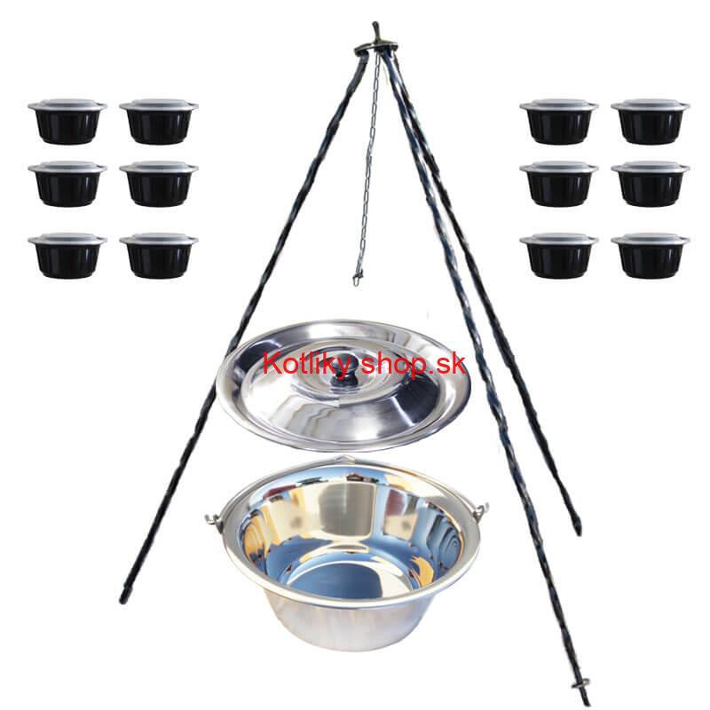 Nerezový kotlík 14 L (0,8 mm) + antikorová pokrievka + stojan + misky 12 ks