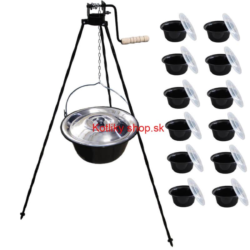 Smaltovaný kotlík 20 L + stojan s kladkou VAR + misky 12 ks