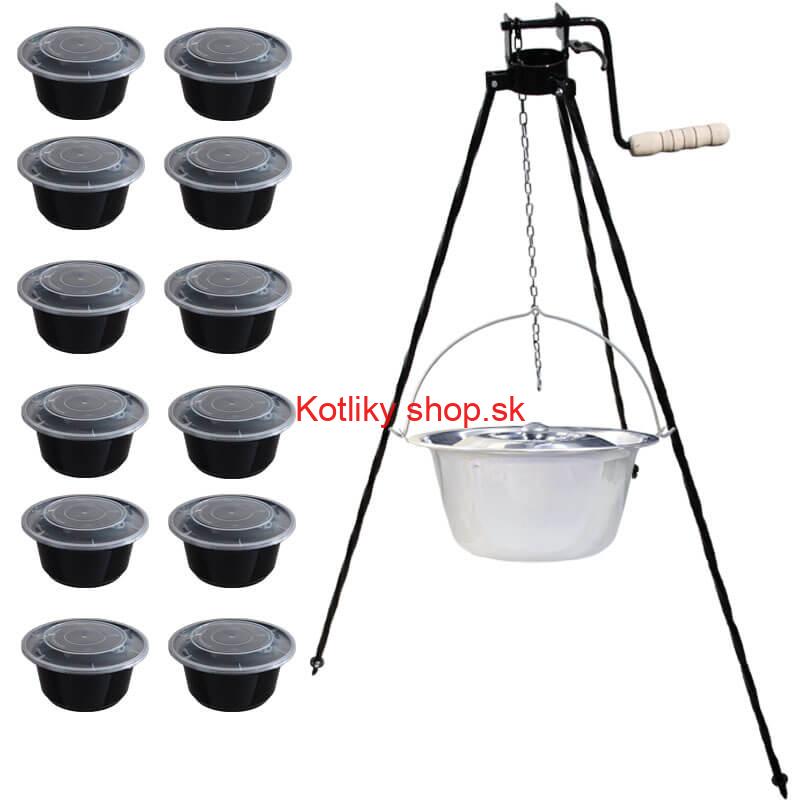 Nerezový kotlík 20 L (0,8 mm) + stojan s kladkou VAR + misky 12 ks