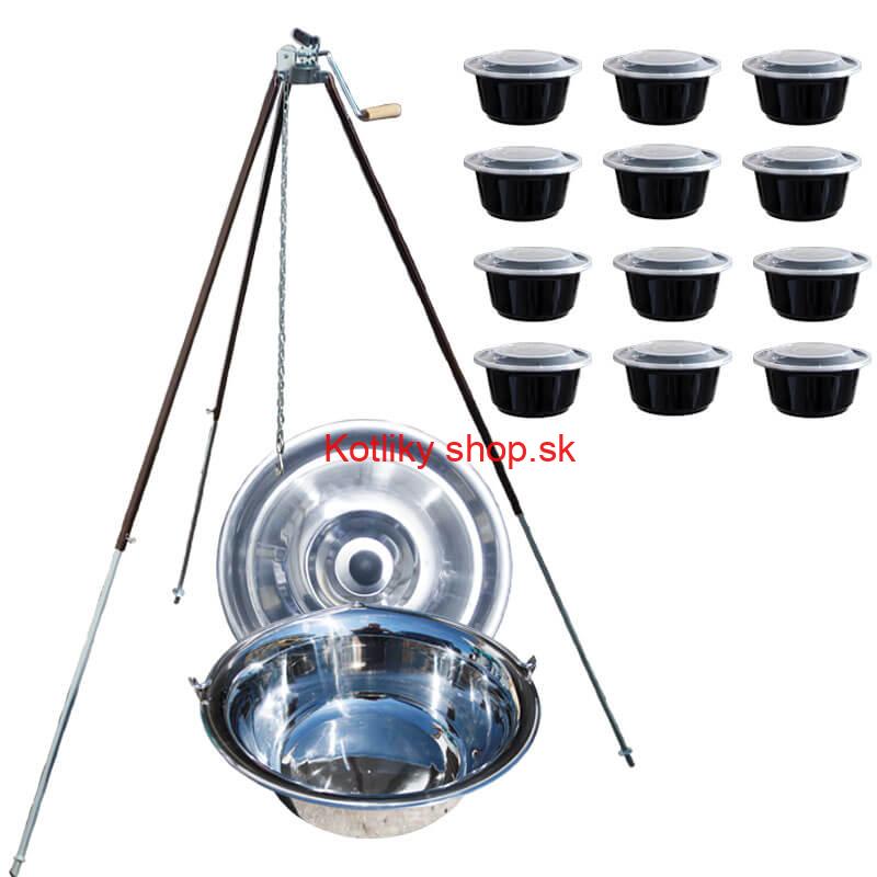 Antikorový kotlík 20 L (1,2 mm) + teleskopická trojnožka s poistnou kladkou + misky 12 ks
