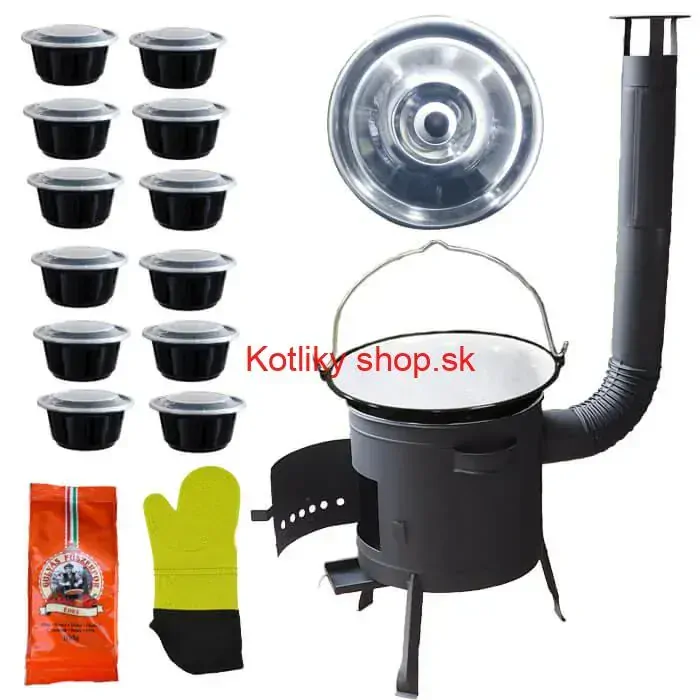 Smaltovaný kotlík 22 L (1,2 mm) + misky 12 ks + nízka žiaruvzdorná kotlina (0,8 mm) 42 PLUS 600