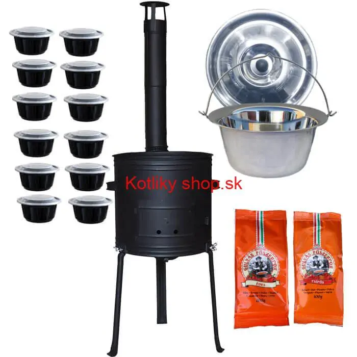 Nerezový kotlík 22 L (0,8 mm) INOX + žiaruvzdorná kotlina 42 cm Plus 700 + misky 12 ks + 2 x korenie na guláš 100 g