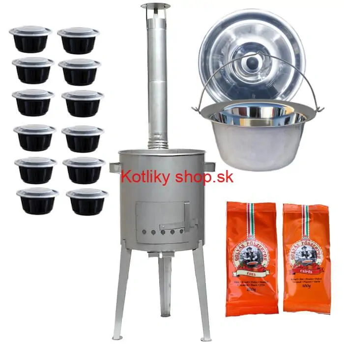 Nerezový kotlík 22 L (0,8 mm) INOX + nerezová kotlina 42 cm LUXUS + misky 12 ks + 2 x korenie na guláš 100 g