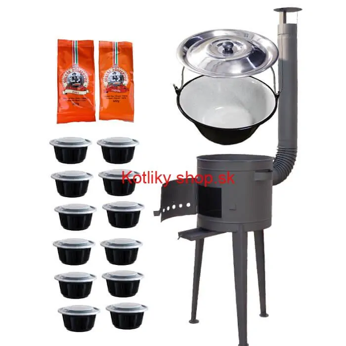 Smaltovaný kotlík 22 L (1,2 mm) + vysoká žiaruvzdorná kotlina (1,5 mm) HODO 42 cm PLUS 600 + misky 12 ks + 2 x korenie na guláš 100 g