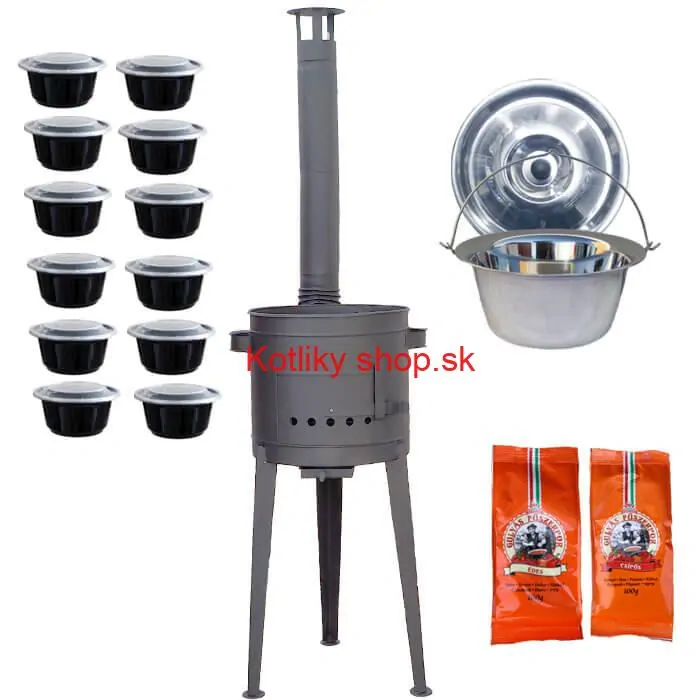 Nerezový kotlík 22 L (0,8 mm) INOX + vysoká žiaruvzdorná kotlina (2,0 mm) HODO 42 cm PLUS 600 + misky 12 ks + 2 x korenie na guláš 100 g