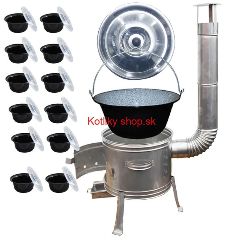 Smaltovaný kotlík 25 L + Nerezová kotlina 42 INOX + misky 12 ks