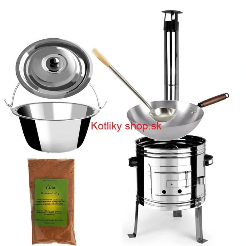 Nerezový kotlík 10 L (0,8 mm) + nerezová kotlina 31 INOX + Wok + korenie 50 g