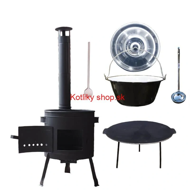 Smaltovaný kotlík 22 L + liatinová panvica 45 cm + nízka žiaruvzdorná kotlina 42 cm PLUS 600