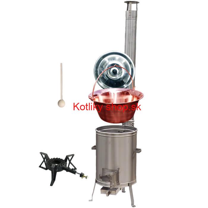 Medený kotlík 14 L (1,2 mm) + nerezová kotlina 36 cm + liatinový horák 7 kW, vareška LUX