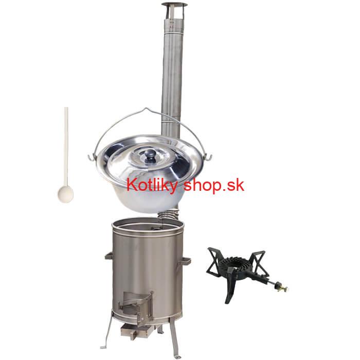 Antikorový kotlík 15 L (1,2 mm) + nerezová kotlina 36 cm + liatinový horák 7 kW, vareška LUX